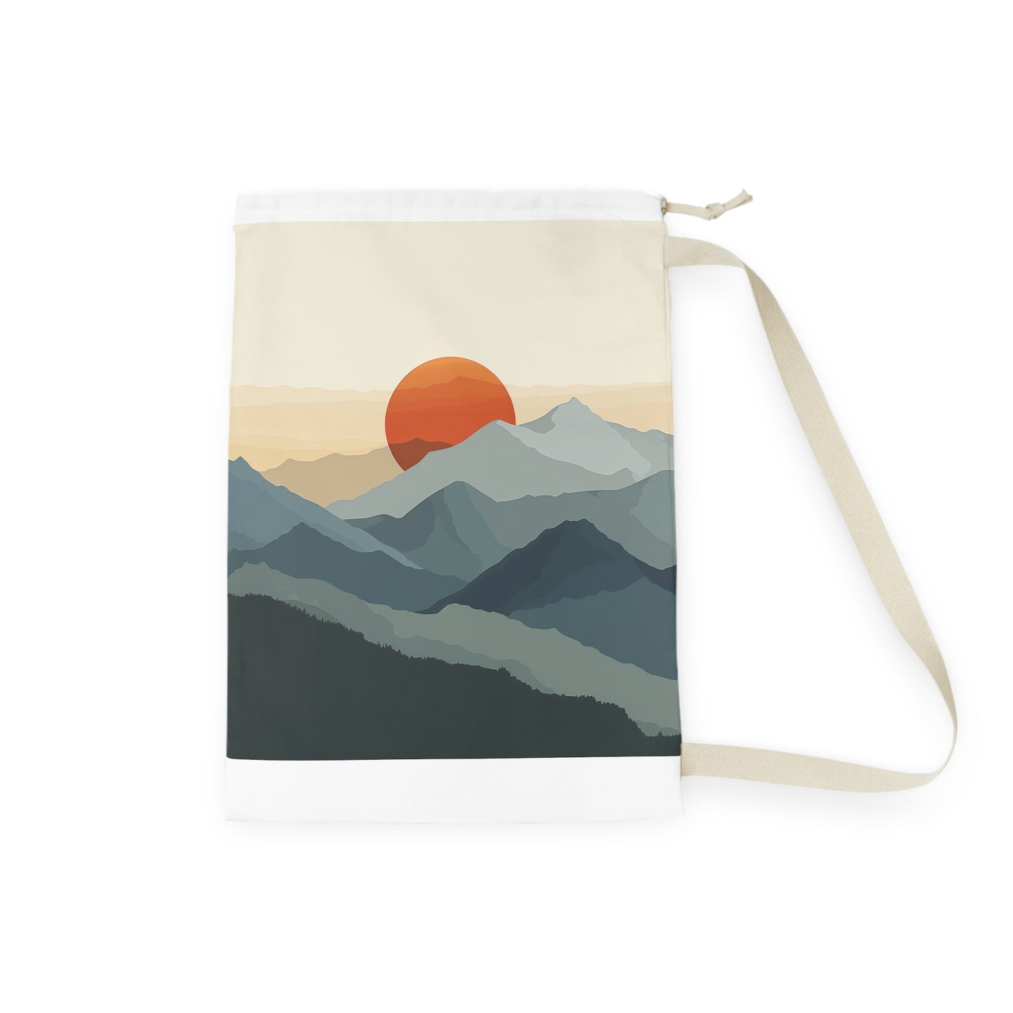 "Sunrise Mountain Laundry Bag - Minimalist mountain design with rising sun, stylish organization for laundry"