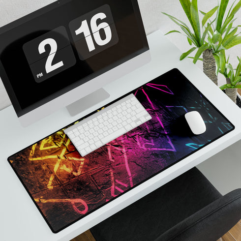 Neon Graffiti of Ancient Runes — XL & XXL Desk Mat — 3mm Non-Slip Natural Rubber Base Detail