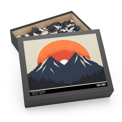 "Sunrise Mountain Scene Puzzle - Serene jigsaw puzzle depicting a minimalist mountain range at dawn, ideal for relaxation and unwinding"