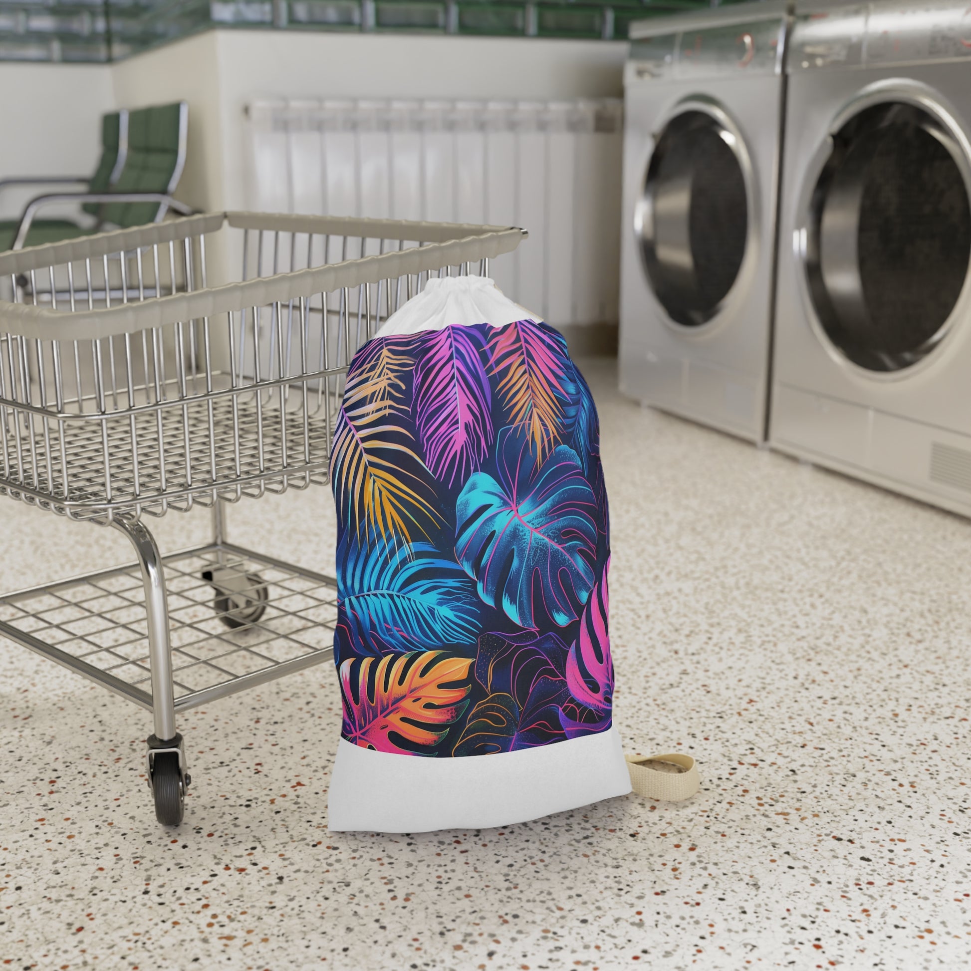 Neon Tropical Leaves Laundry Bag - Vibrant palm tree design for stylish laundry storage