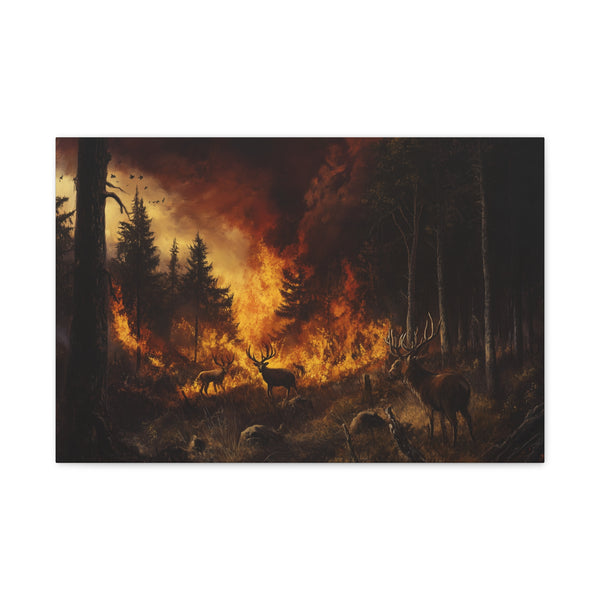 A Forest Fire Raging with Wildlife Fleeing Stretched Canvas Wall Art