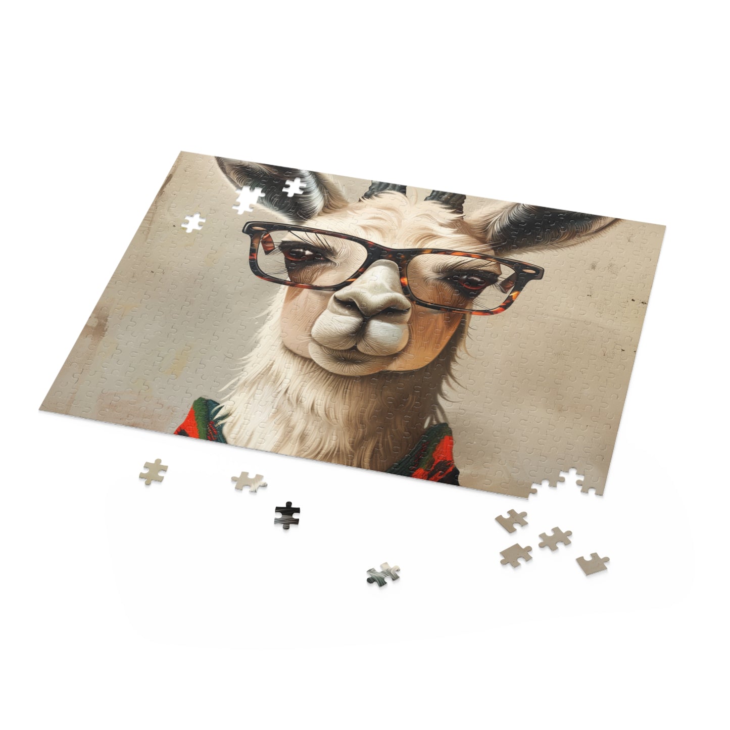 "Stylish Llama Hipster Puzzle - Trendy llama with glasses, fun challenge for llama lovers and puzzle enthusiasts"