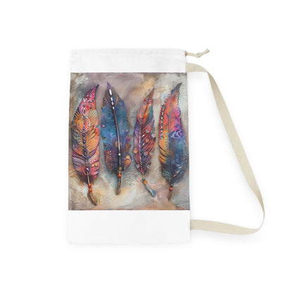 "Bohemian feather laundry bag, durable material, stylish design, laundry day made easy"