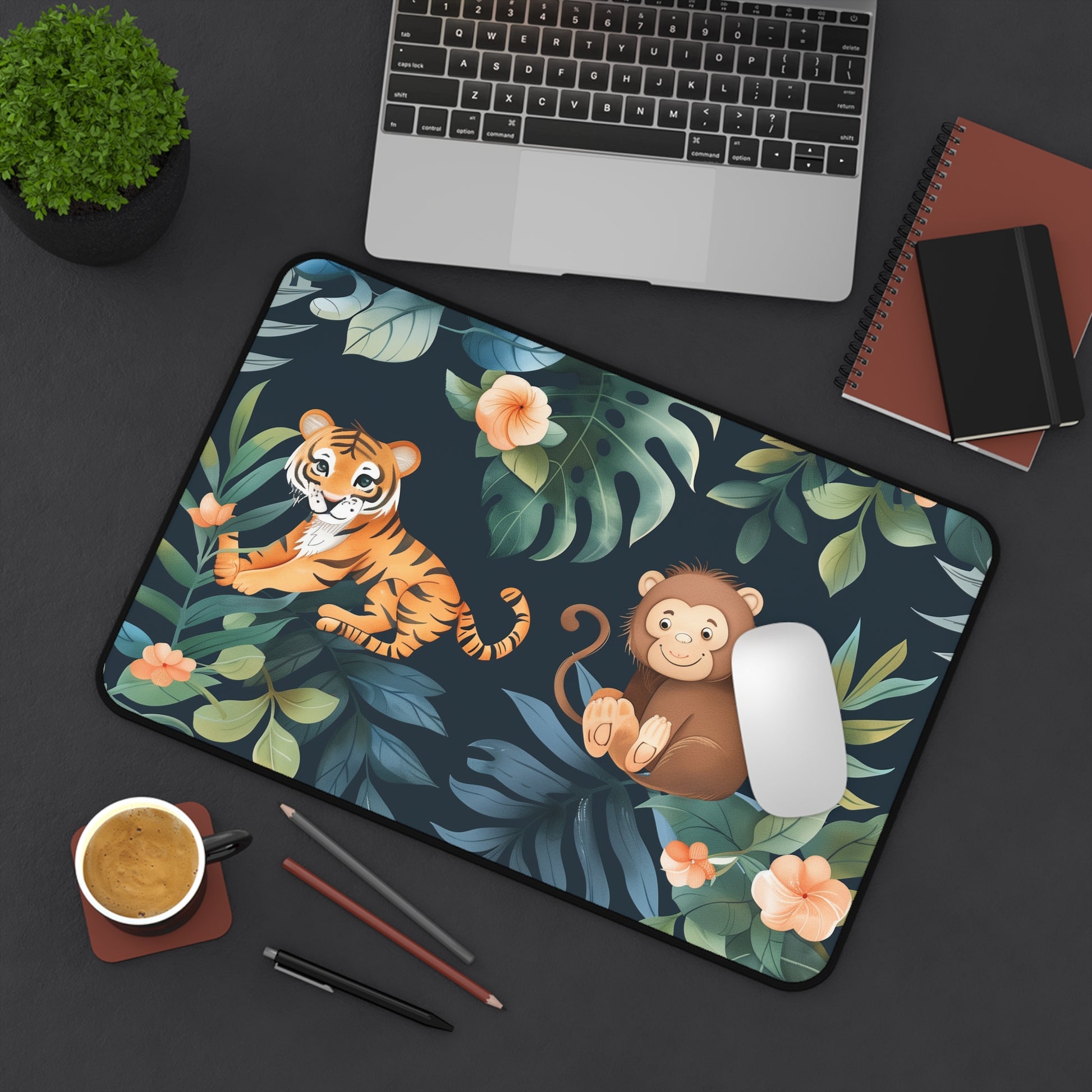 "Transform your workspace with the Tiger Jungle Desk Mat - Jungle Safari theme with majestic tigers in lush greenery"