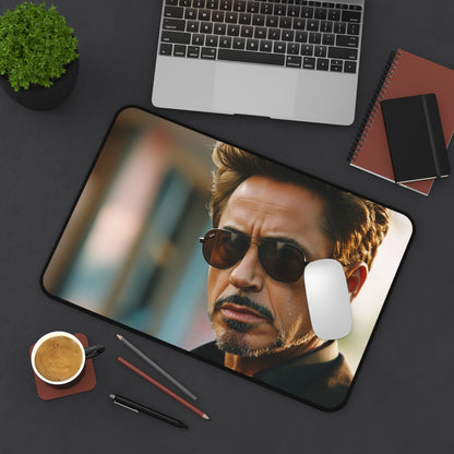 RDJ Sunglasses Desk Mat - Elevate your workspace with this Tony Stark-inspired accessory featuring Robert Downey Jr.'s iconic shades. Stylish and functional.