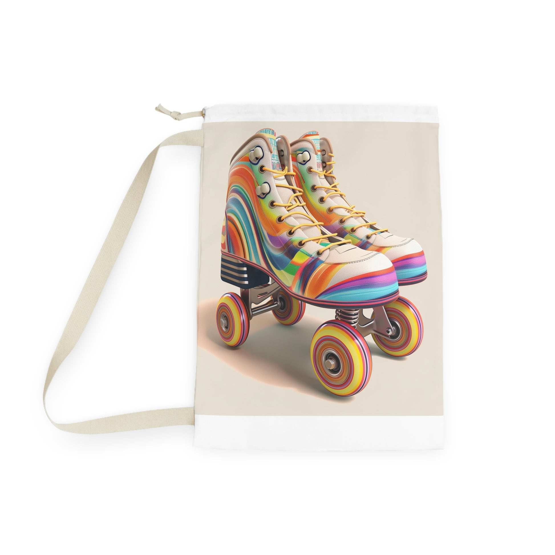 "Retro Roller Skate Laundry Bag with Colorful Stripes - Fun and Stylish Laundry Transport Solution"