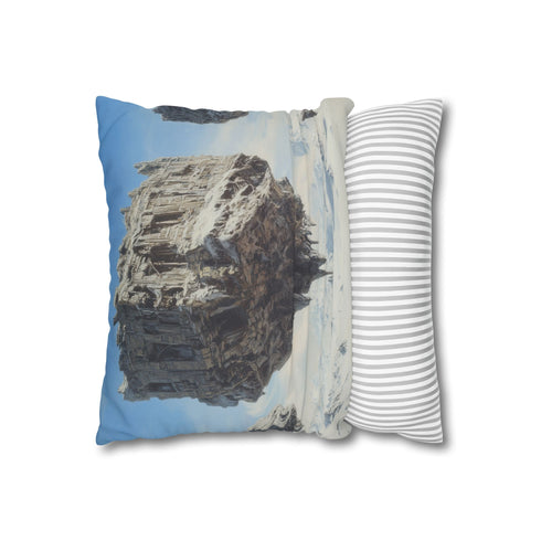 Floating Ruins Orbiting a Frozen Planet — 40×40 Cushion Cover — Soft Brushed Fabric Texture Close-Up