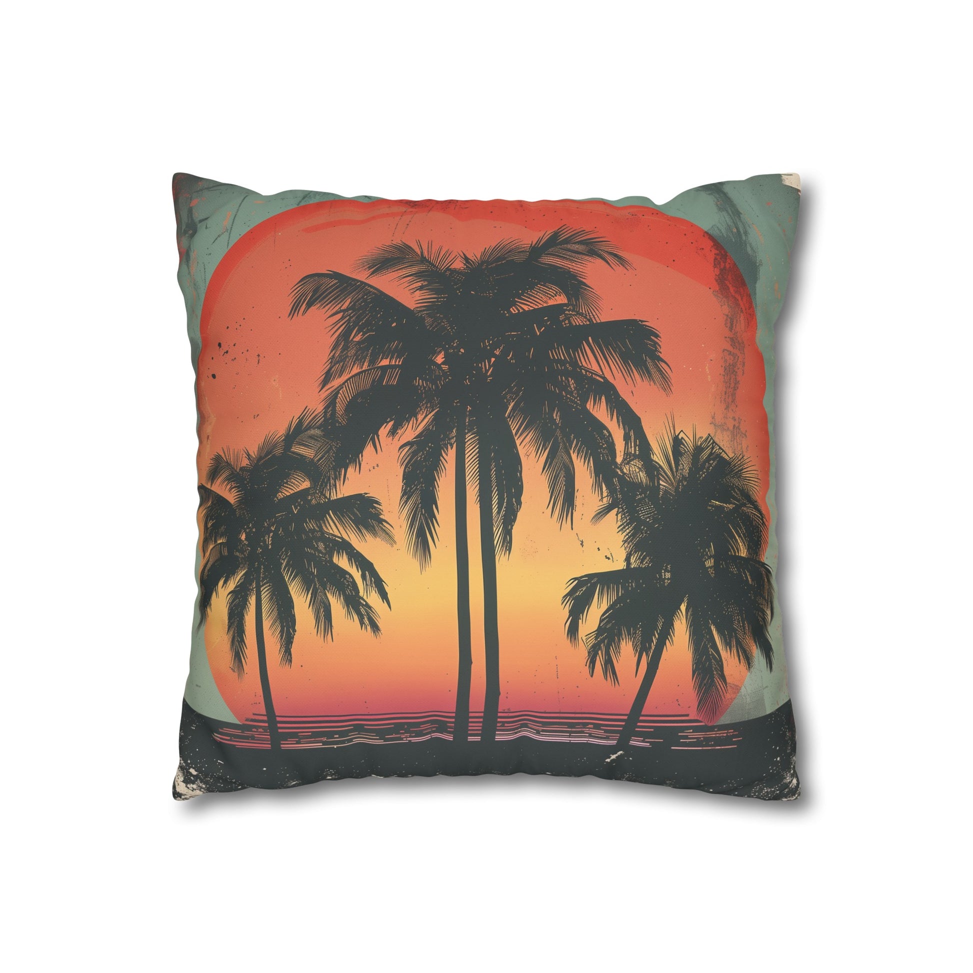 "Sunset Palms Pillowcase - Vibrant retro design with palm trees, perfect for vintage beach vibes"