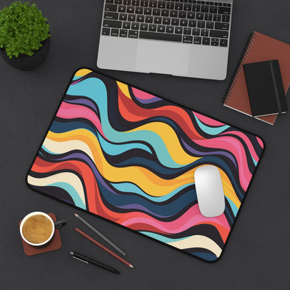 "Colorful Retro Waves Desk Mat for Workspace Protection and Style"