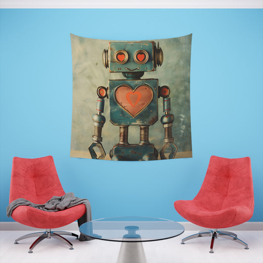 Robot Love: A Retro Tapestry | Wall Tapestry | All Over Print, AOP, Decor, Halloween, Home & Living, Home Decor, Indoor, Spring Essentials, Sublimation, Tapestry | Prints with Passion