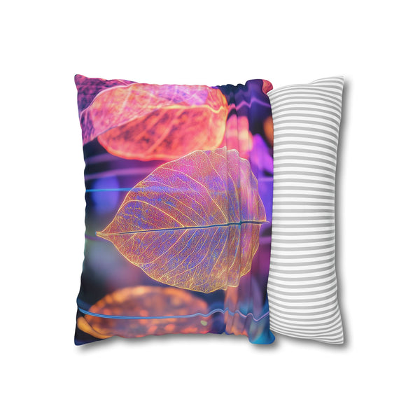 Dreamscape with Levitating Neon Leaves — 40×40 Cushion Cover — Sofa & Living Room Lifestyle View