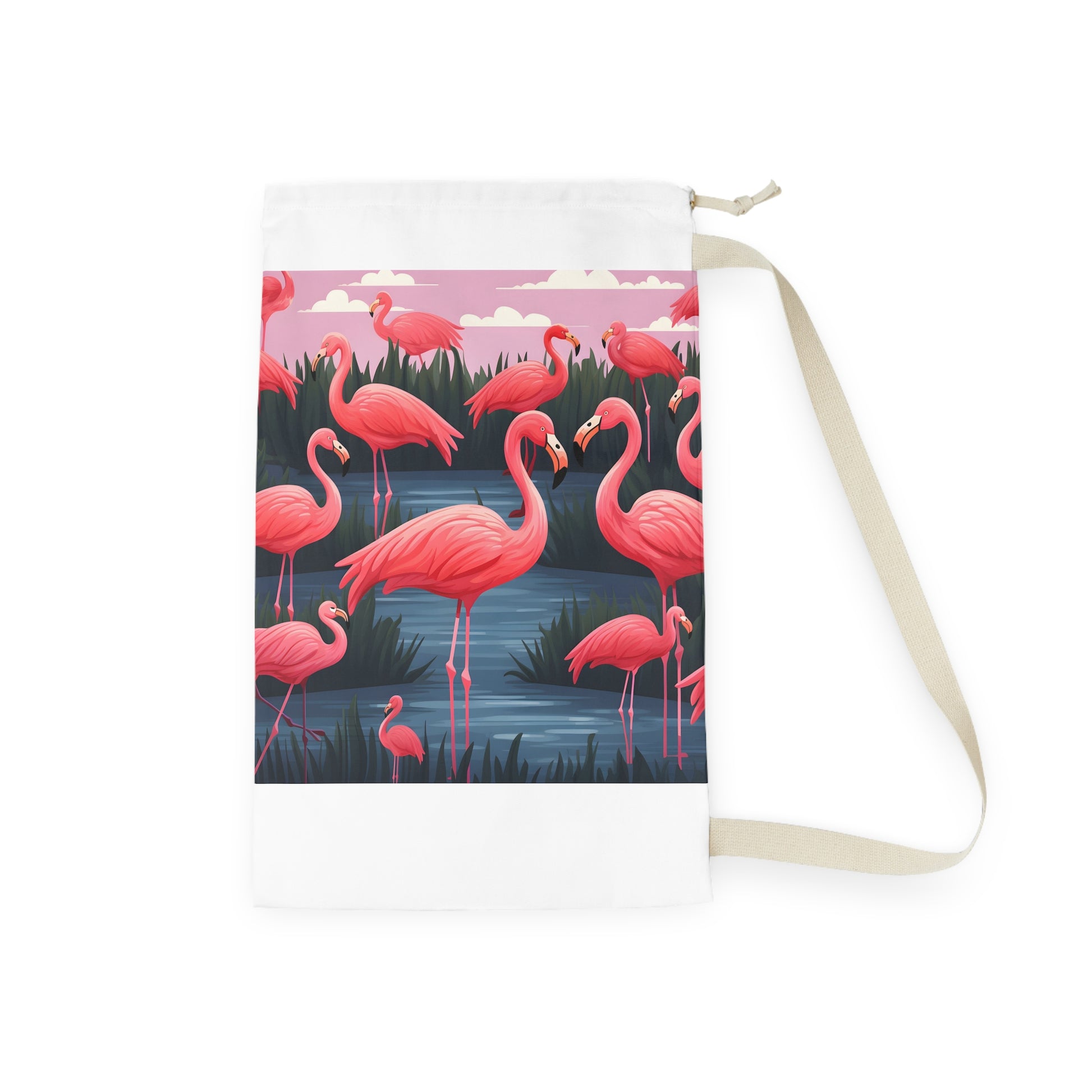 "Flamingo Fiesta Laundry Bag - Vibrant pink flamingo pattern for fun laundry organization"