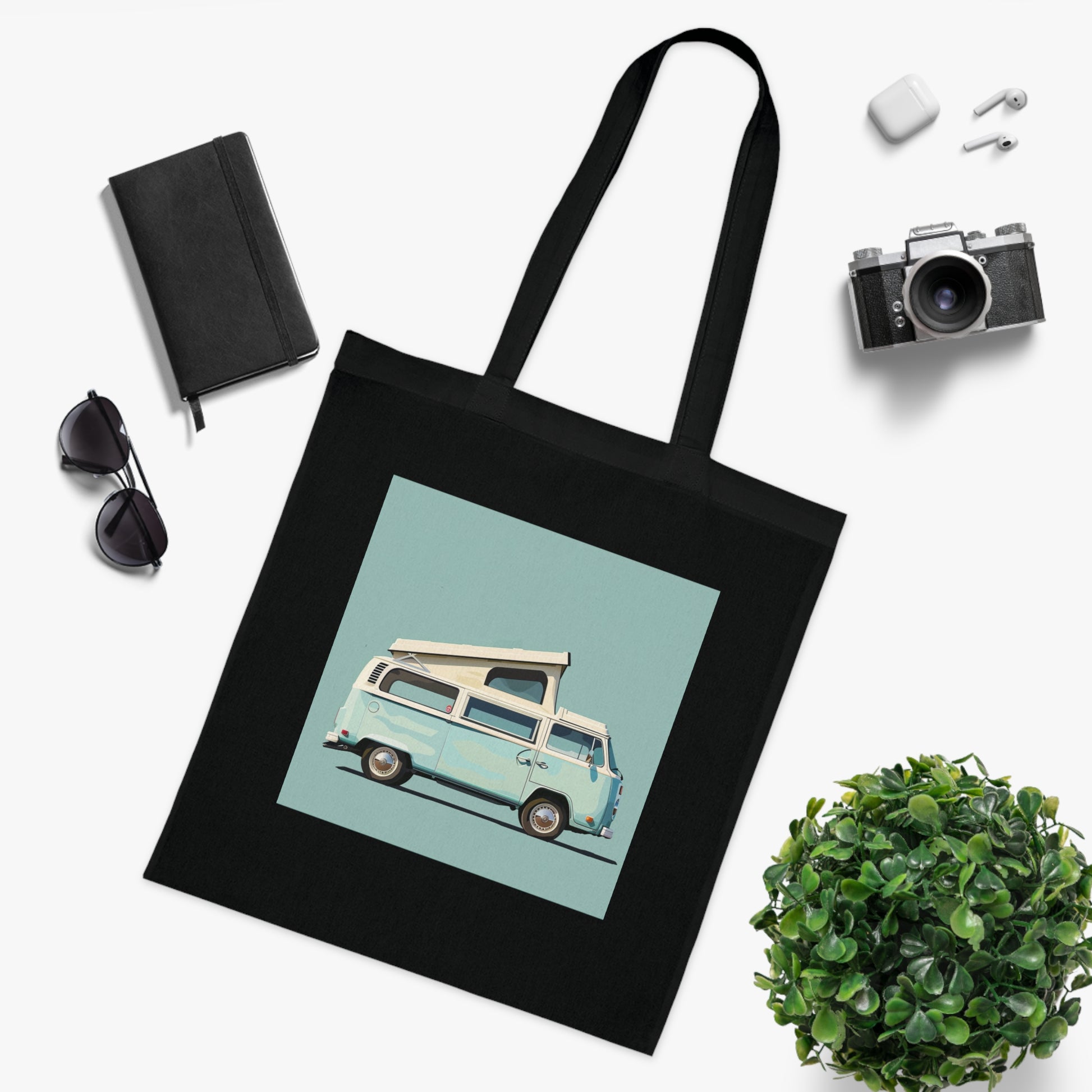 Alt text: Vintage camper van inspired Adventure Mobile Tote Bag, perfect for road trips and outdoor adventures, made from high-quality material and ideal for all seasons. Great gift idea!