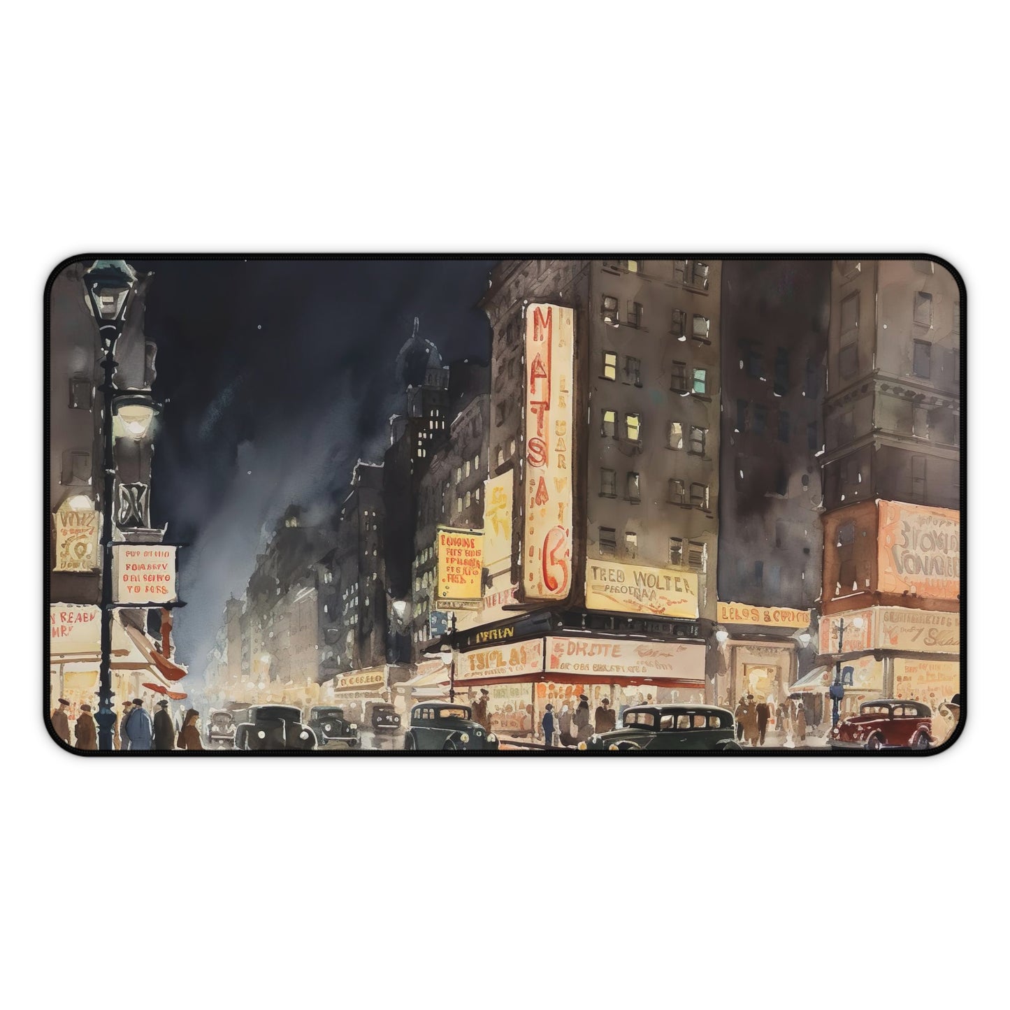 "Vintage NYC Desk Mat - 1920s New York glamour in stylish black and white skyline design"