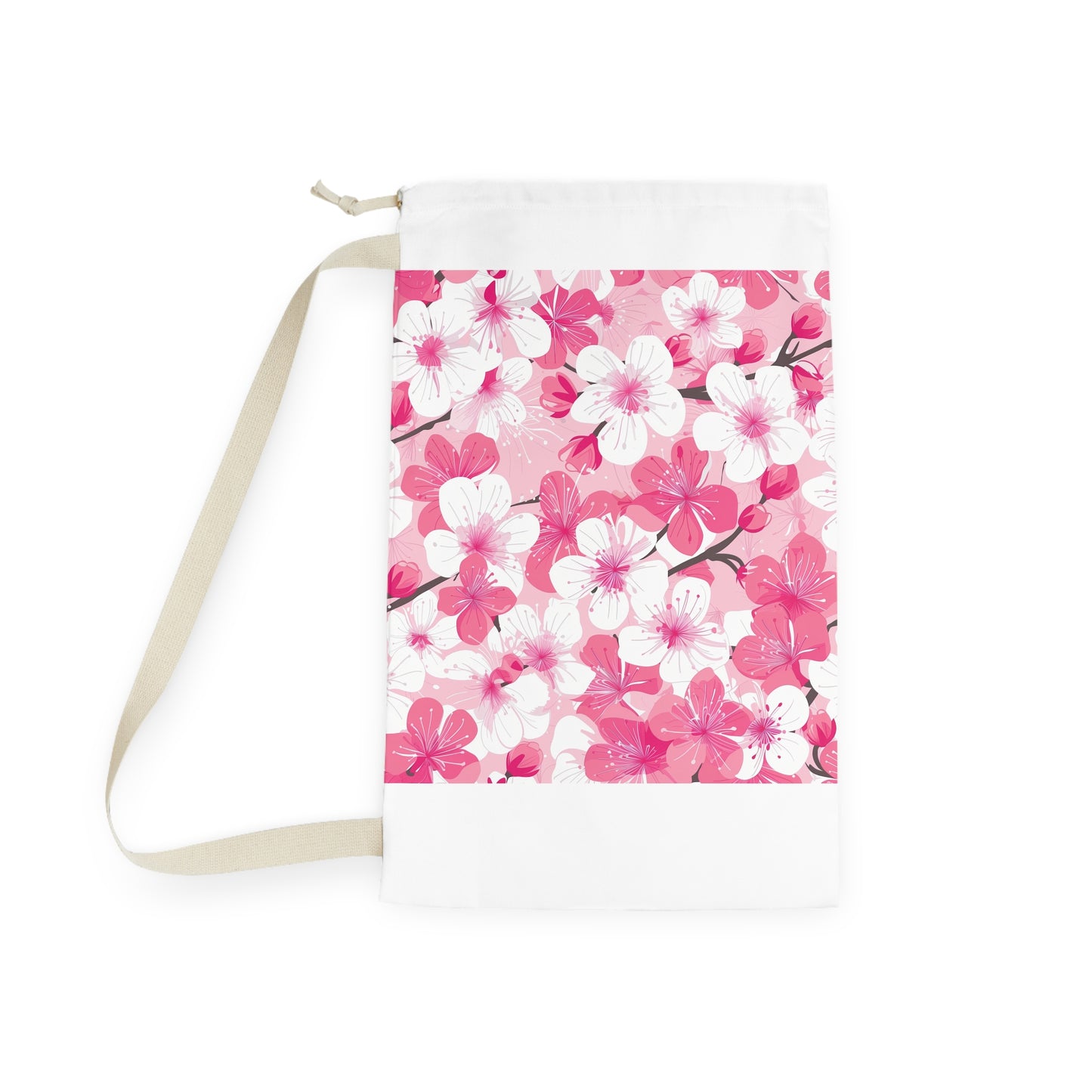 "Cherry Blossom Laundry Bag - Pink and white floral patterned bag for stylish laundry."