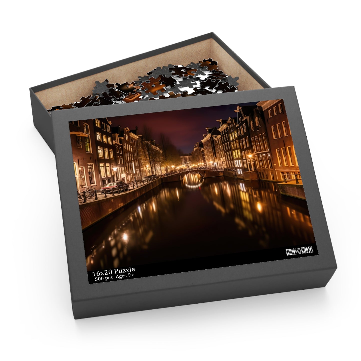 Amsterdam Canals Night Puzzle - Beautiful cityscape jigsaw with iconic canals at night, perfect for puzzlers and city lovers.