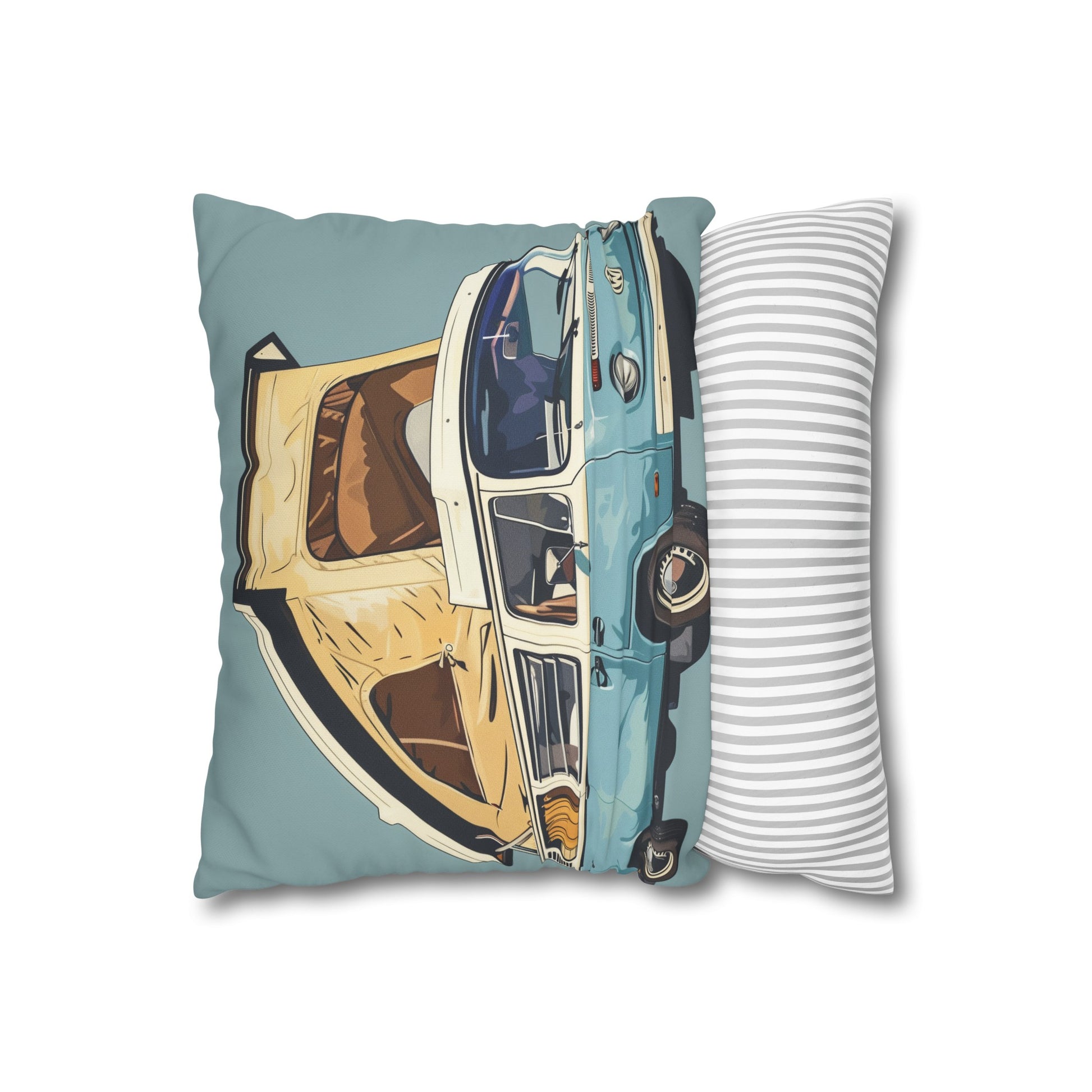 "Powder Blue Camper Pillowcase - Vintage camper van design in light blue, perfect for travel enthusiasts. High-quality, comfortable, and stylish for all seasons. Makes a great gift. Shop now! - BenCPrints"