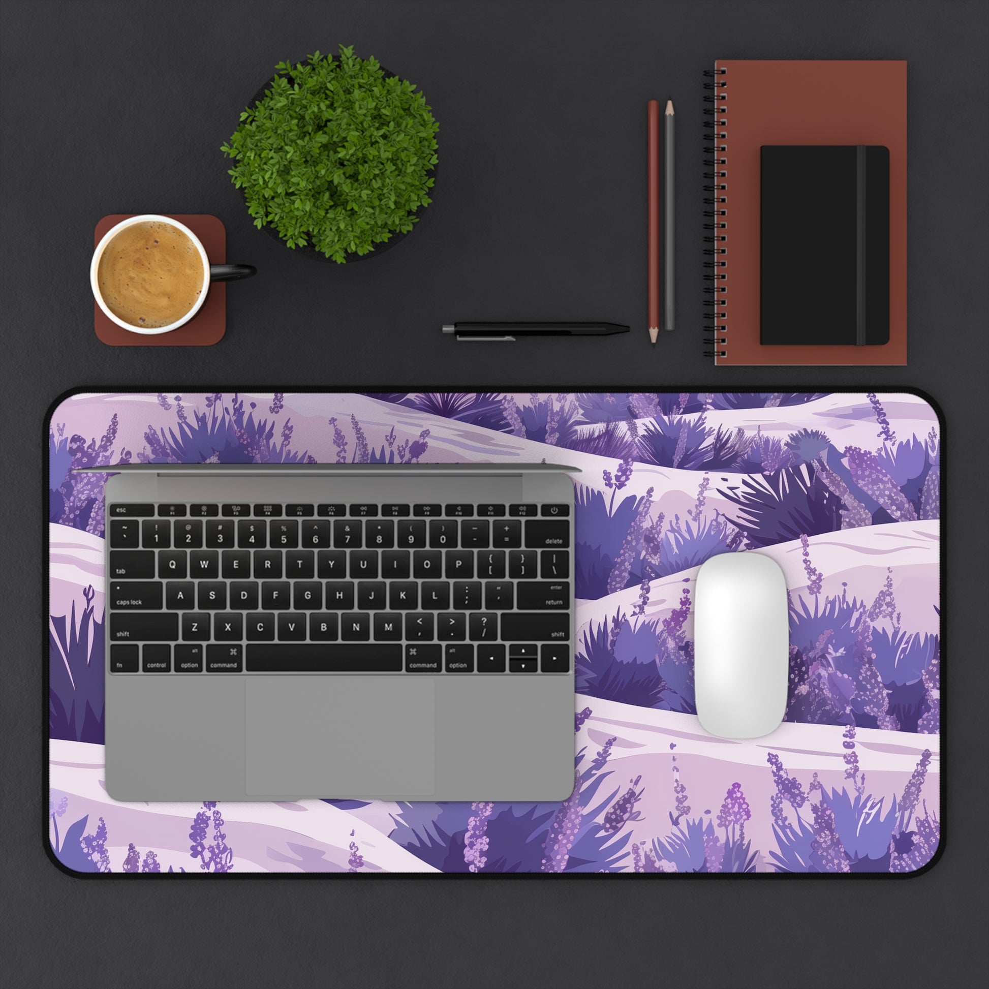 "Transform your workspace with Lavender Fields desk mat - elegant floral pattern for serenity"