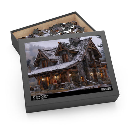 "Rustic mountain cabin jigsaw puzzle for a relaxing challenge"