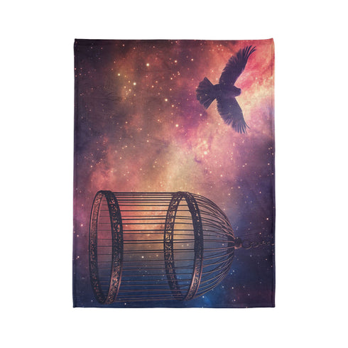 Bird Cage Floating Above Galaxy — Plush Fleece Throw Blanket — Product Detail View 10