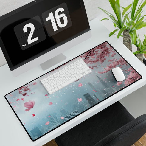 Cherry Blossoms Raining over City Skyline — XL & XXL Desk Mat — 3mm Non-Slip Natural Rubber Base Detail