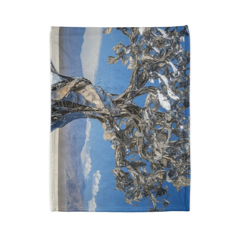 Mechanical Tree in Metallic Desert — Plush Fleece Throw Blanket — Folded Plush Blanket Detail
