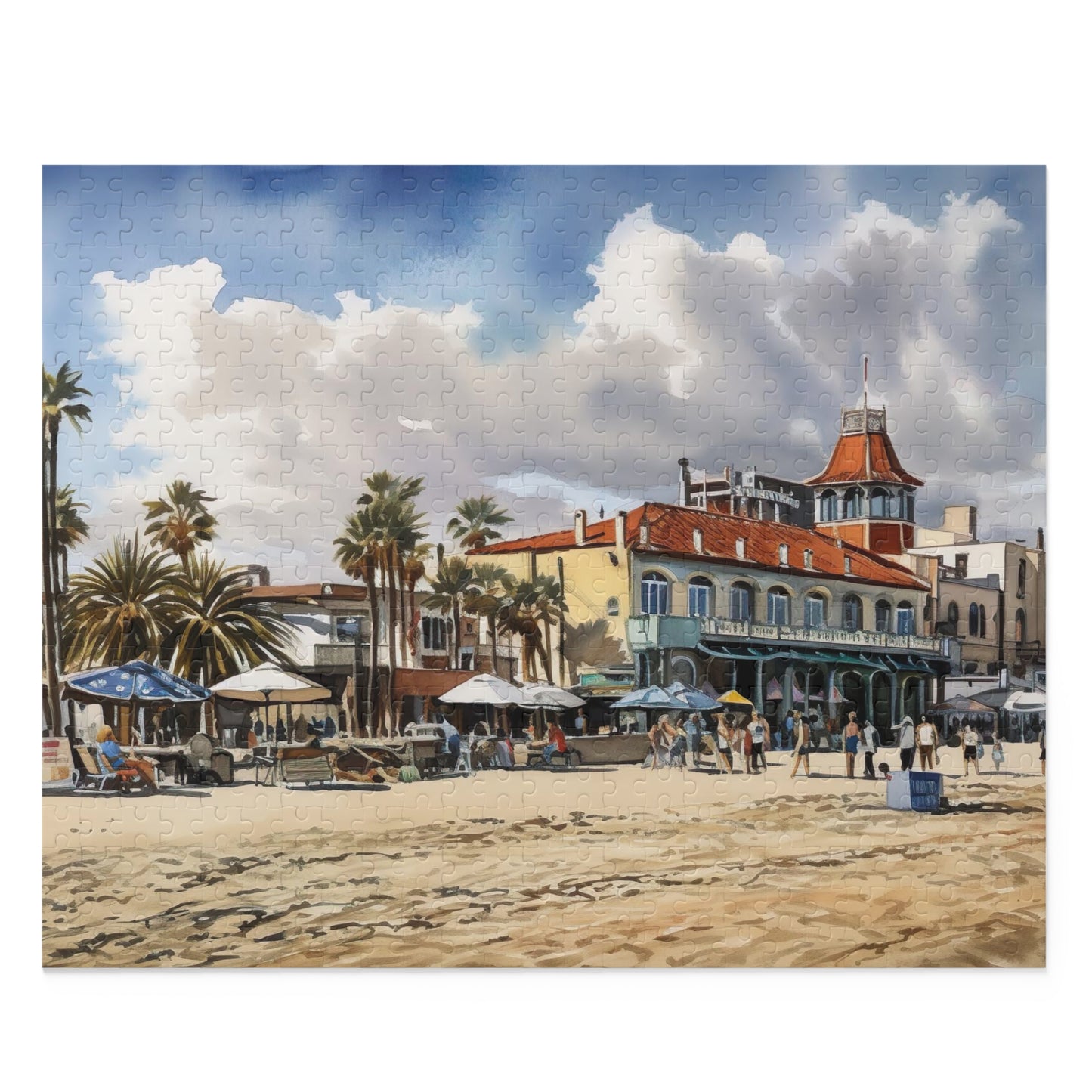 "Venice Beach Jigsaw Puzzle - Colorful beachfront scene with palm trees and crowds"