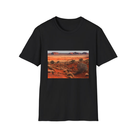 Whispers of an Ancient Red Desert | T-Shirt | Crimson terrain, Desert landscape, Panoramic view, Red rock formations, Rocky outcrops, Sand dunes, Sunset hues, Unique geology, Vast expanse | Prints with Passion