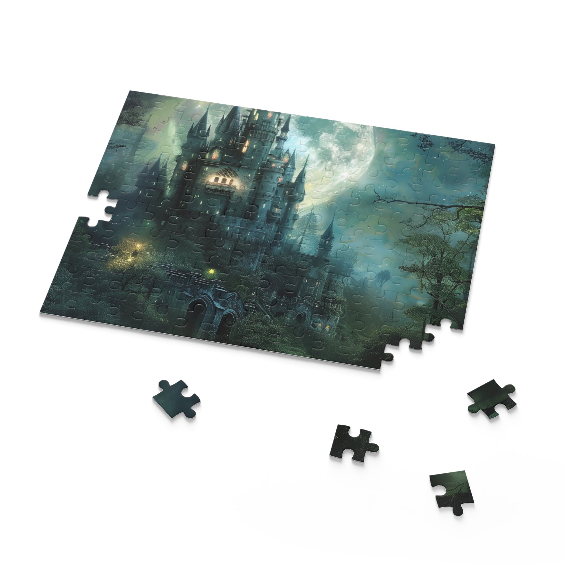 Moonlit Forest Castle Fantasy Jigsaw Puzzle - Escape into a magical realm with this enchanting puzzle of a castle in a moonlit forest.