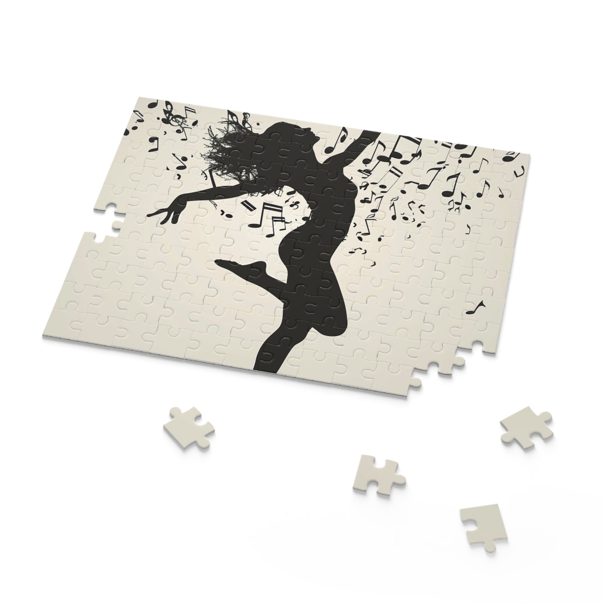 "Graceful dancer's silhouette jigsaw puzzle with musical notes for immersive entertainment"