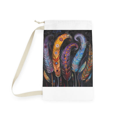 Bohemian feather laundry bag with whimsical design for stylish laundry transport.