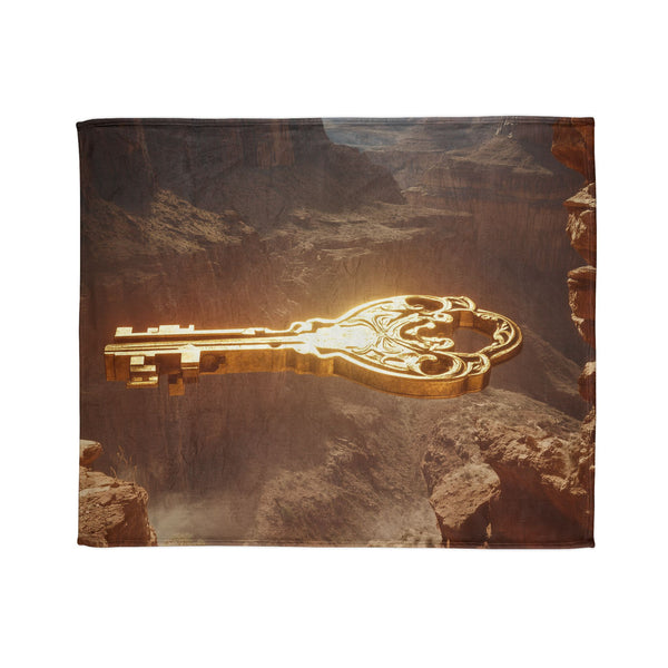 Mystic Key Floating over Canyon Altar — Plush Fleece Throw Blanket — Draped Over Sofa & Bed Lifestyle View