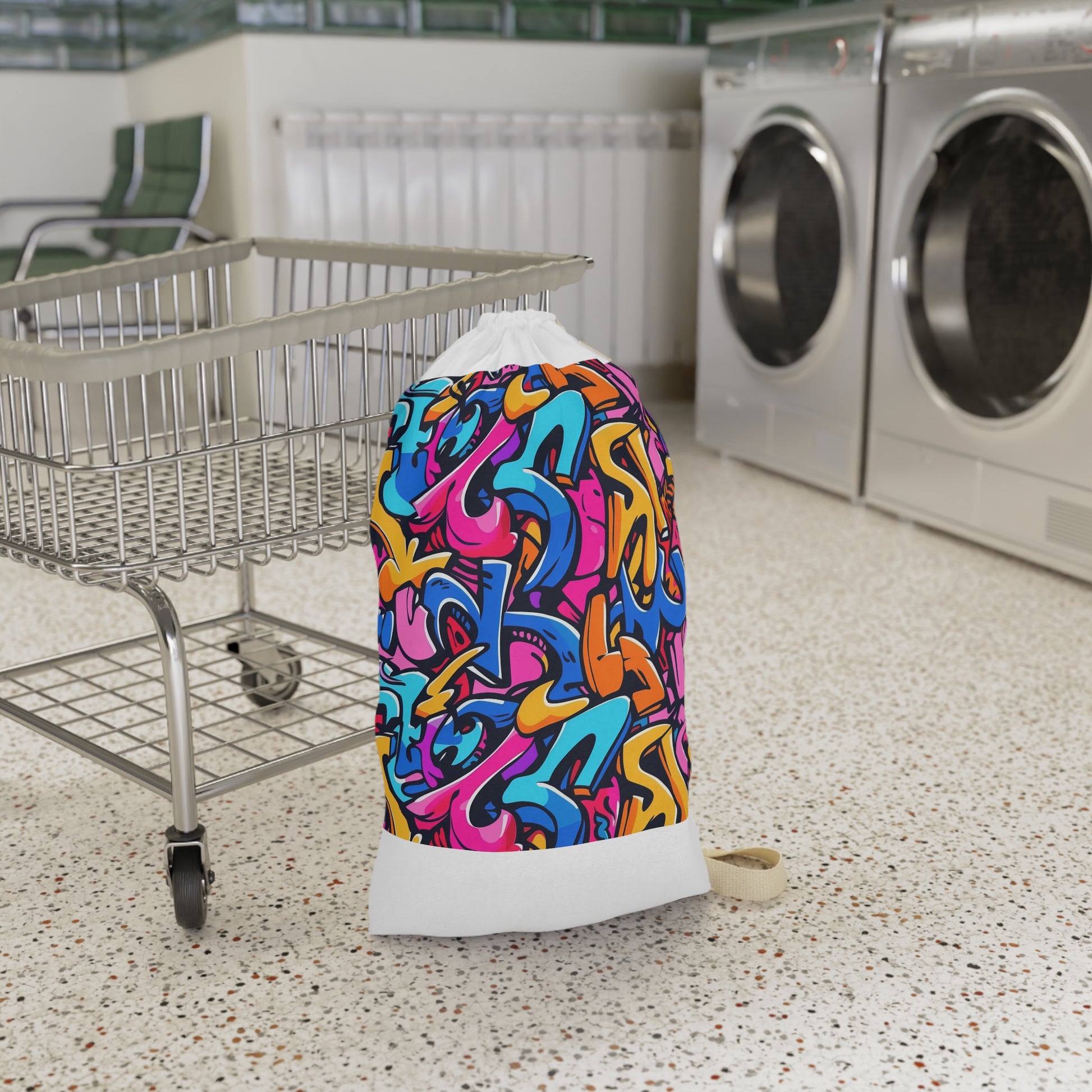 Neon Urban Graffiti Laundry Bag - Trendy laundry room accessory with bright neon colors and urban style.