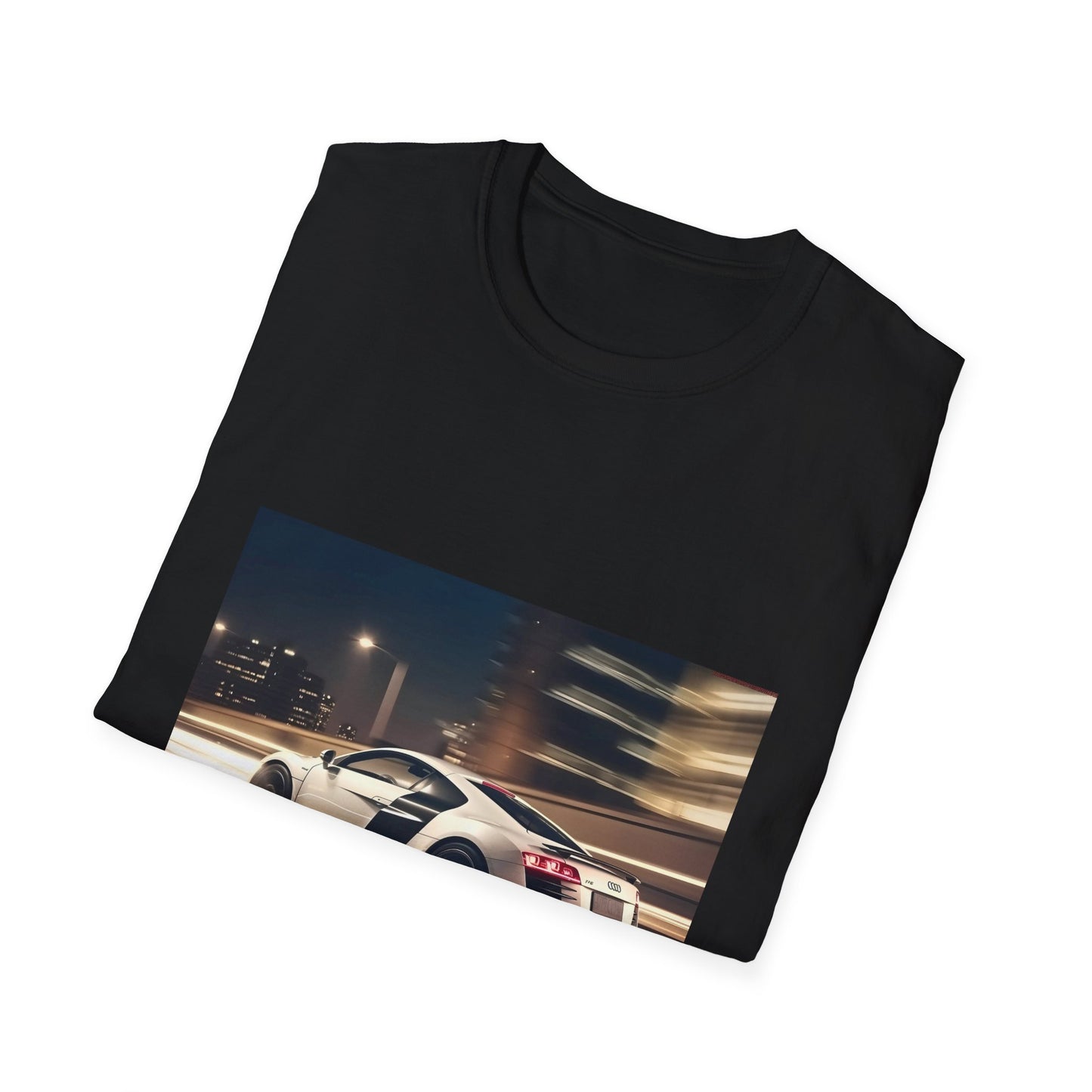 Alt text: "Adrenaline Rush on Four Rings T-shirt featuring vibrant Audi R8 mid-race design, symbolizing speed and passion for high-octane adventure"