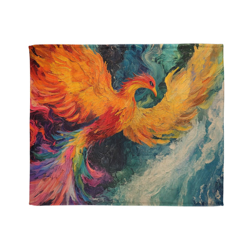 Phoenix Reborn in Waterfall of Color — Plush Fleece Throw Blanket — Draped Over Sofa & Bed Lifestyle View