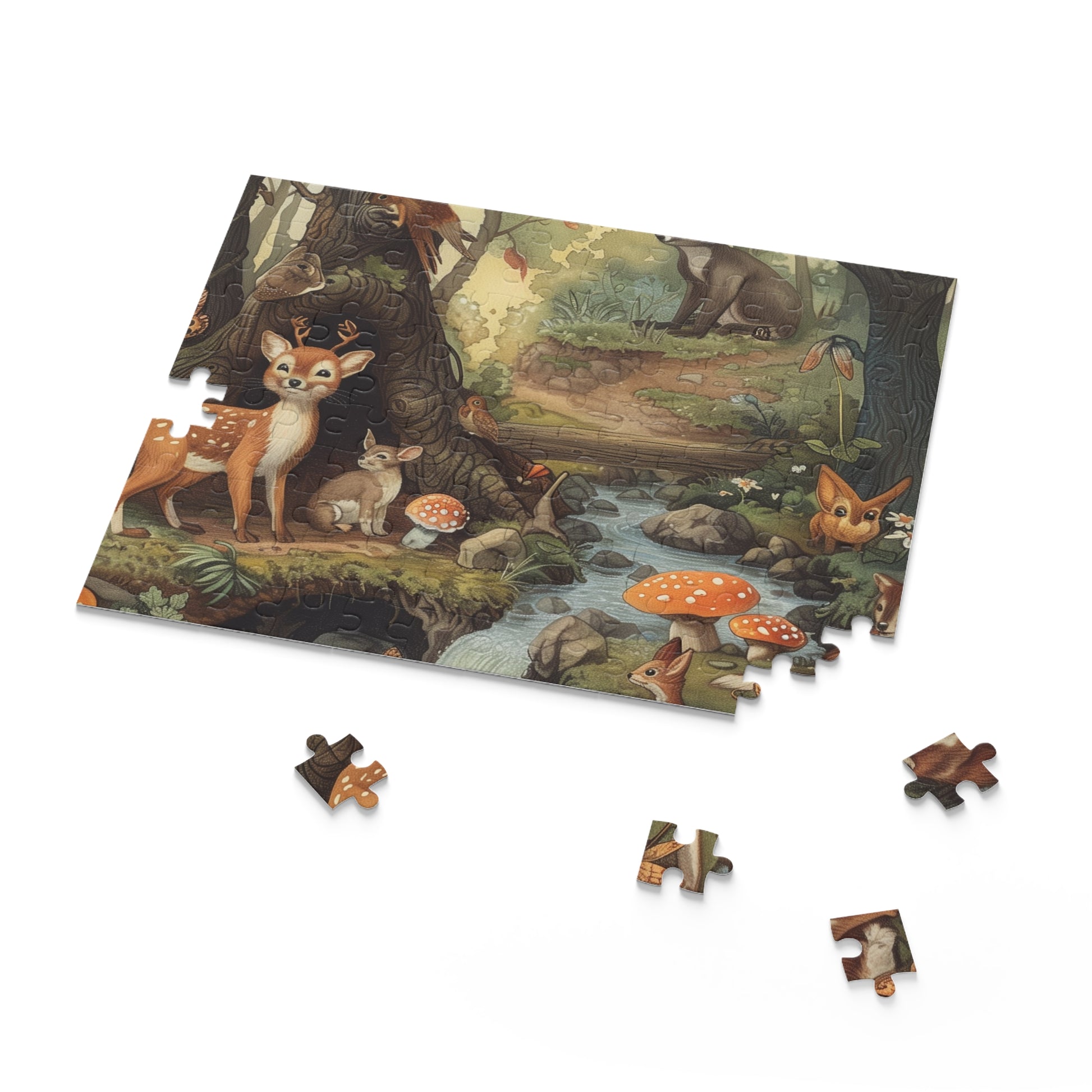 "Forest Friends Jigsaw Puzzle - enchanting woodland creatures in their natural habitat, ideal for nature lovers and puzzle enthusiasts"