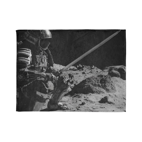 Robot Samurai on Lunar Battlefield — Plush Fleece Throw Blanket — 300 GSM Plush Coral Fleece Texture Close-Up