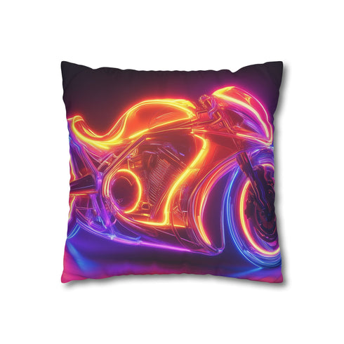 Retro Motorcycle with Neon Trail (Edition II) — 40×40 Cushion Cover — Double-Sided Back & Concealed Zip Detail