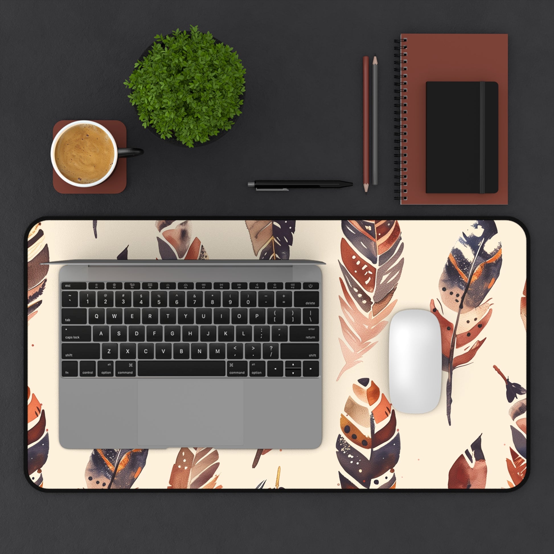 Boho Feathers Desk Mat - Stylish seamless pattern to protect and transform your workspace.