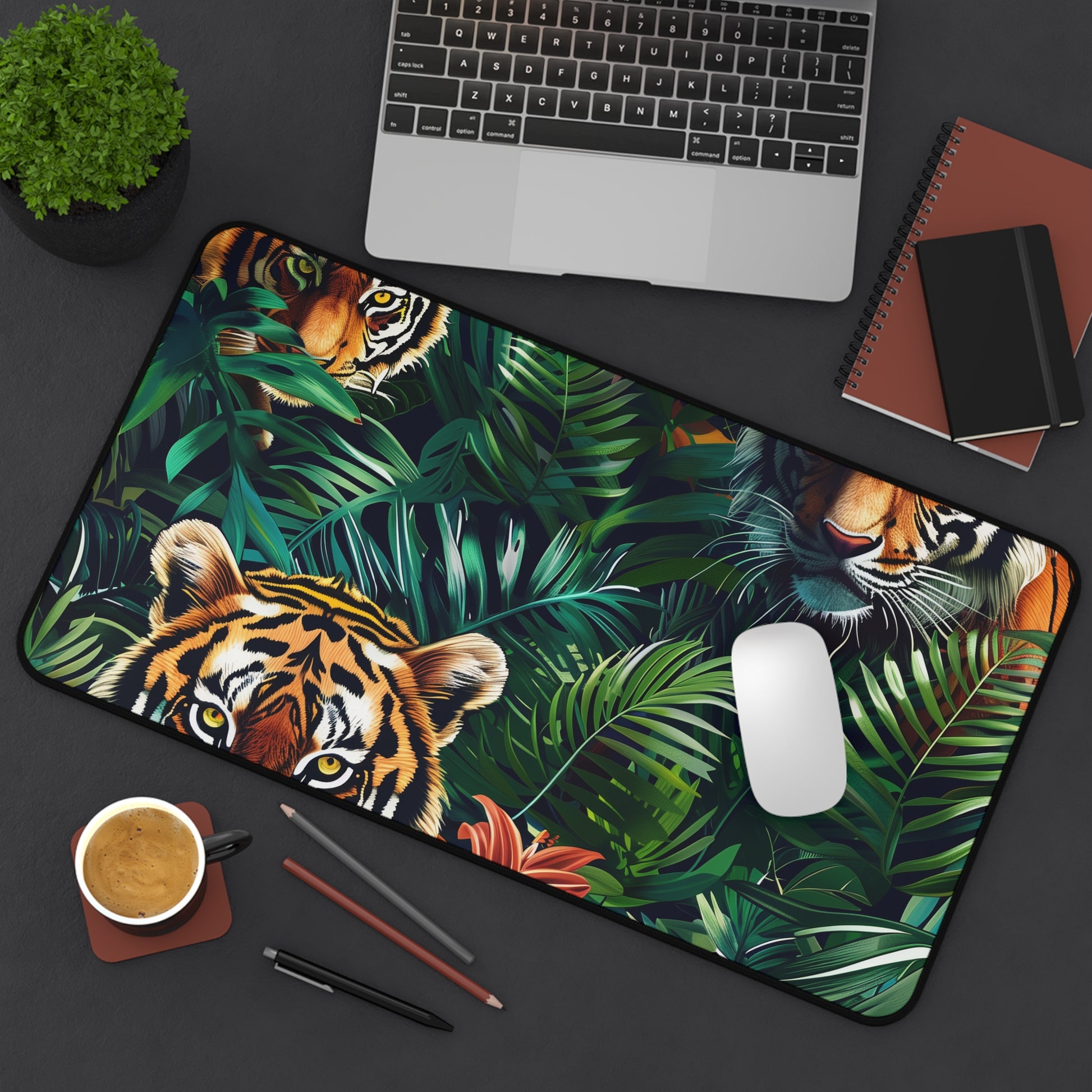 "Tiger Jungle Safari Desk Mat - Add wild sophistication to workspace with seamless jungle pattern & majestic tigers"