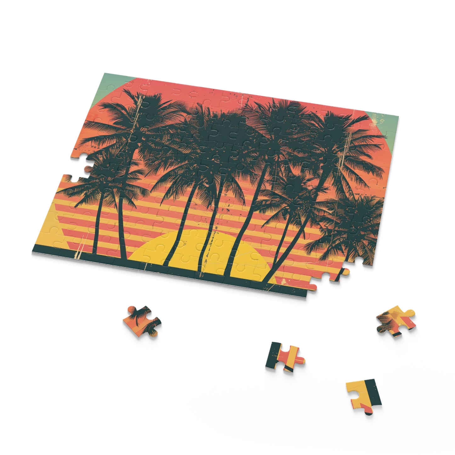 Retro Sunset Palm Tree Puzzle - Nostalgic jigsaw puzzle with stunning sunset scene and palm trees for a relaxing escape from the everyday hustle.