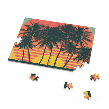 Retro Sunset Palm Tree Puzzle - Nostalgic jigsaw puzzle with stunning sunset scene and palm trees for a relaxing escape from the everyday hustle.