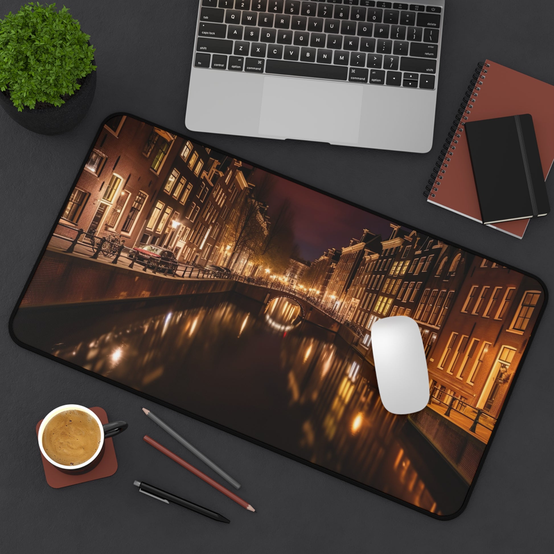 "Amsterdam Canals Night Desk Mat: Enhance workspace with iconic canals at night, unleash creativity in style"