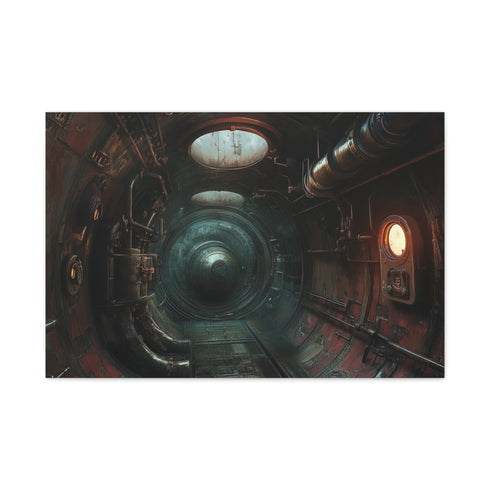 Steampunk Submarine in an Abyss — Canvas Wall Art — Living Room Wall Lifestyle View