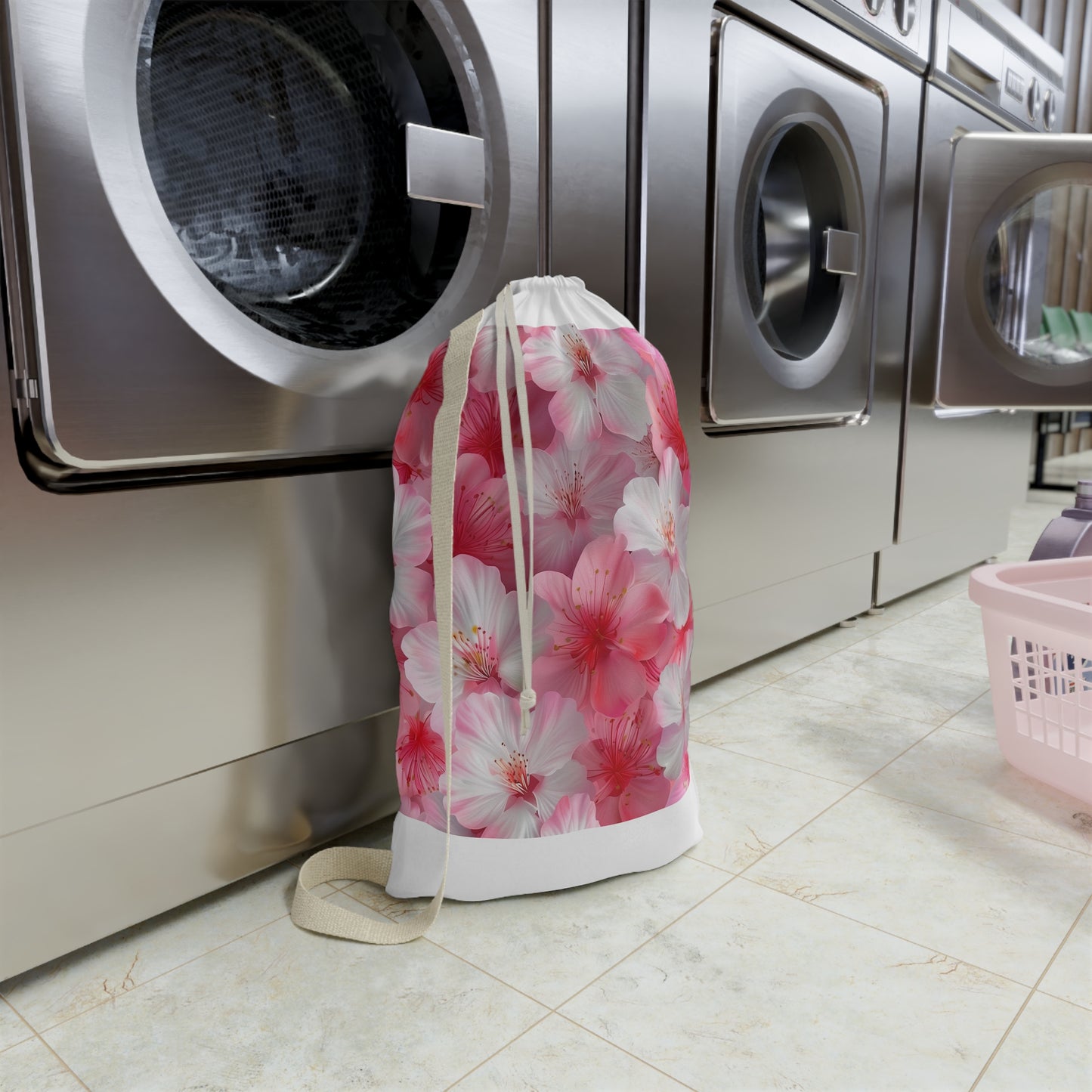 "Cherry Blossom Laundry Bag with Pink and White Seamless Design - Elegant and Functional"