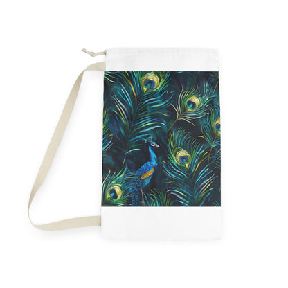 "Blue Peacock Feathers Laundry Bag - Elevate laundry with elegant design"