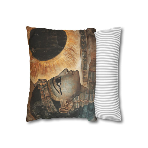Ancient Mural Glowing under Eclipse (Edition II) — 40×40 Cushion Cover — Sofa & Living Room Lifestyle View
