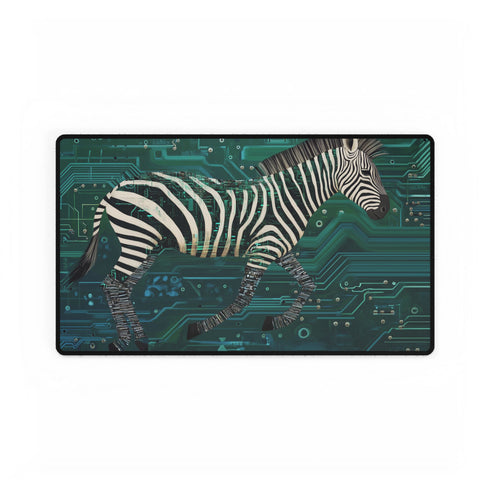 Techno Zebra Running Through Circuits — XL & XXL Desk Mat — Gaming & Workspace Desk Setup View