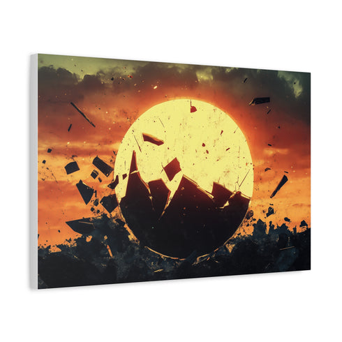 Rising Sun Behind a Shattered Planet — Canvas Wall Art — Side Profile & Stretched Corner Detail