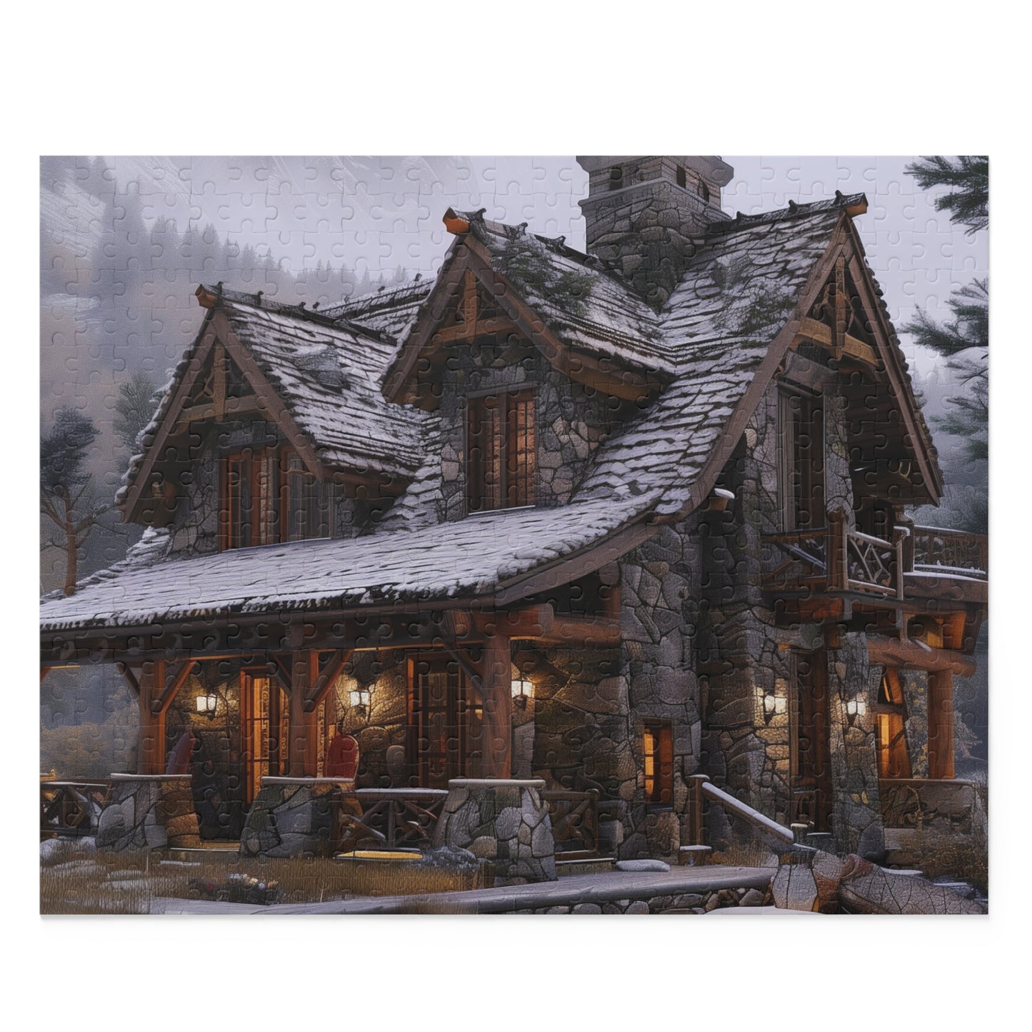 "Escape to the mountains with this charming Rustic Mountain Cabin jigsaw puzzle"